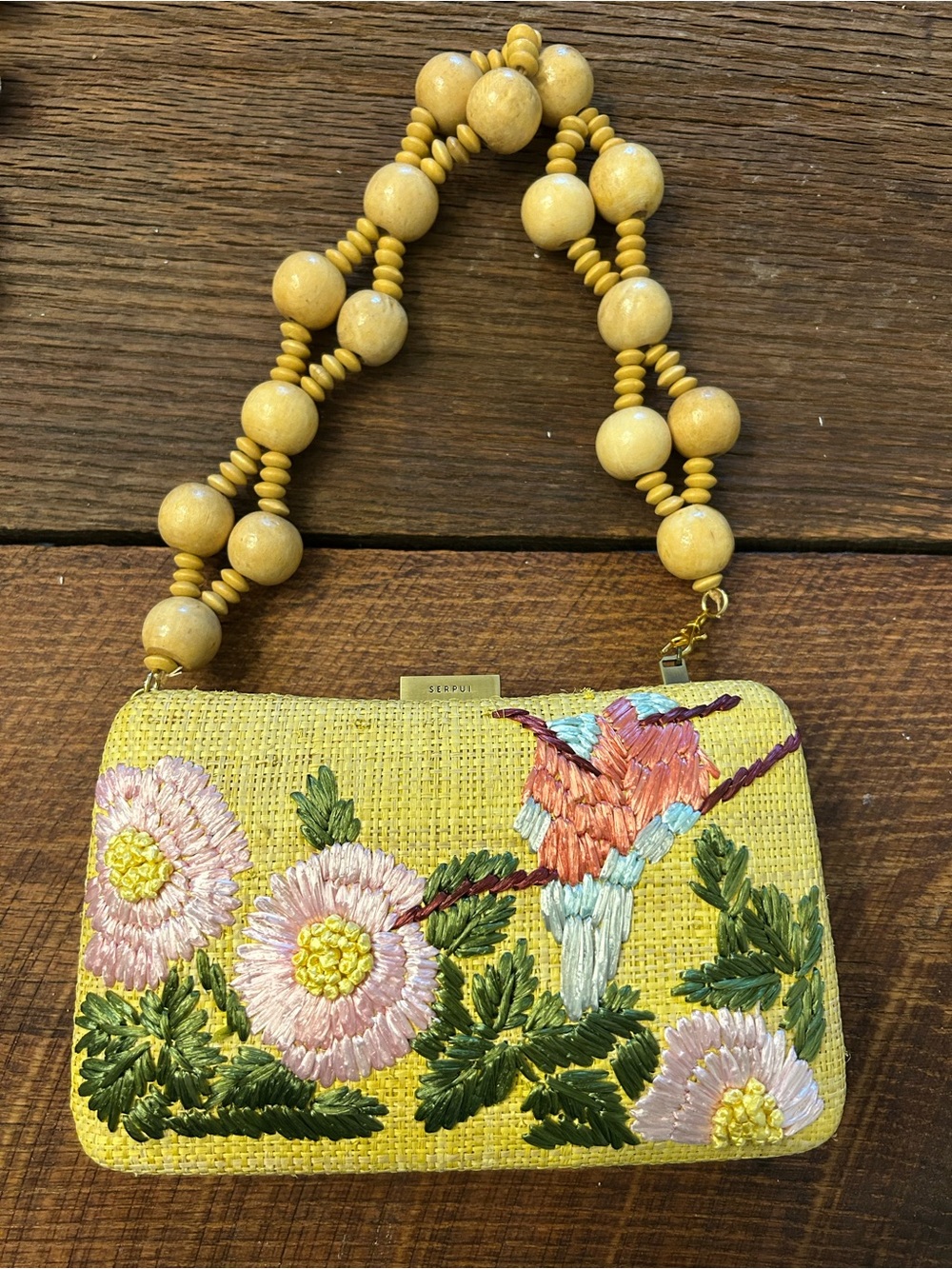 Serpui  straw clutch purse yellow with floral and bird motif with beaded handle